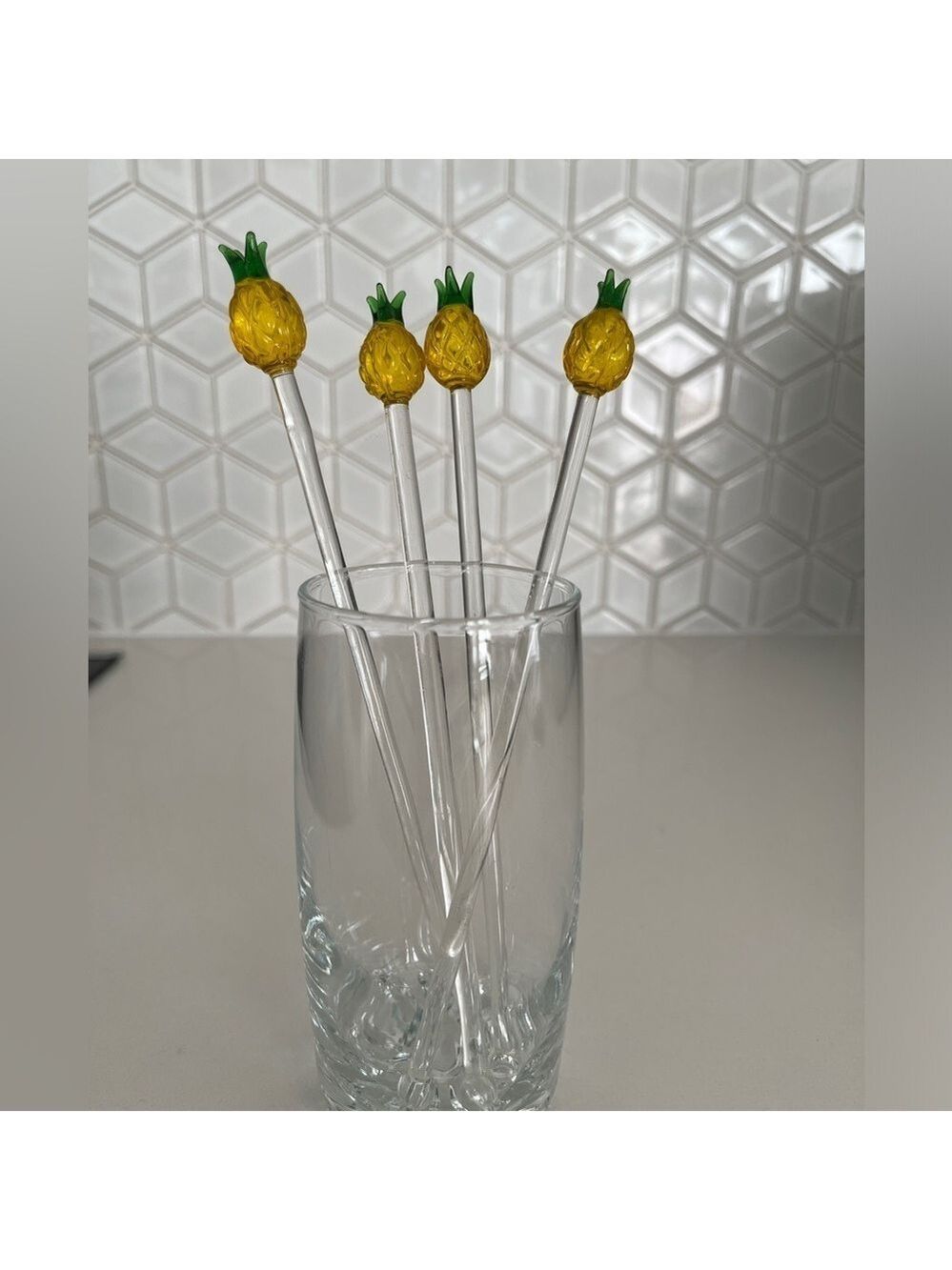 CRATE & BARREL Set of 4 Glass Pineapple Swizzle Sticks Cocktails Barware Tiki - Picture 9 of 12
